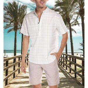Kingbega  Short Sleeve Hawaiian Style Plaid Mens Multi White Shirt Size 2XL
